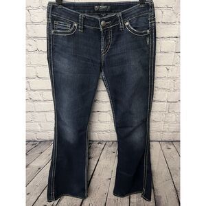 Silver Jeans Size 29 /33 Dark Wash  Denim Frances 22" Midrise Flared, Slit Hem